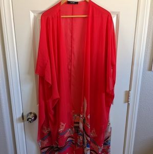 Red chiffon swimsuit coverup duster vest sheer print Asian-inspired